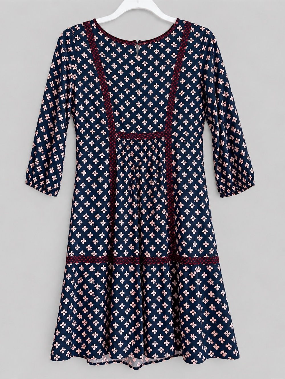 Boden Size 8 Navy Dress with Pink Floral Motif and Burgundy Trim